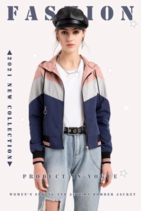 Three-color patchwork hooded bomber jacket with zipper and elastic ribbed cuffs