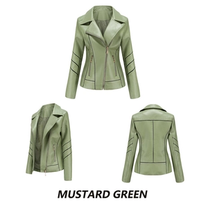 Three views of mustard green cropped faux leather jacket with black contrast stripes