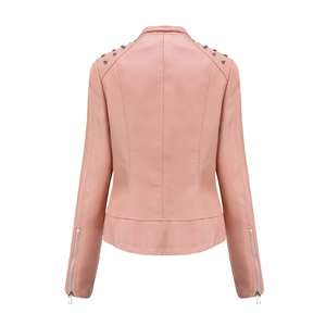 Detail view of pink PU leather motorcycle jacket back with studs and zippers