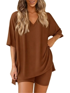 Women's two-piece lounge set with V-neck short sleeve top and cycling shorts in dark brown
