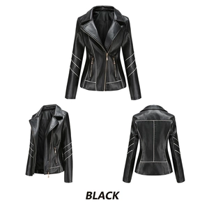 Front and back views of women's black faux leather biker jacket with white contrast piping