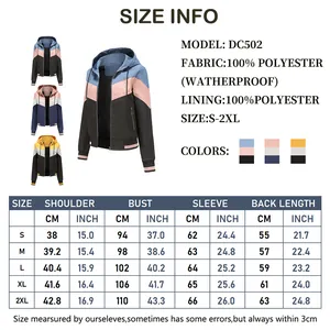 Detailed size chart for women hooded windbreaker with measurements from S to 2XL