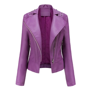 Detail of purple moto jacket featuring silver rivets on lapels and metal zipper closure