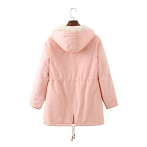 Back view of pink hooded parka featuring drawstring waist and fishtail hem detail
