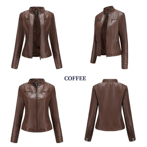 Détails de la veste en cuir PU café avec coupe ajustée et surpiqûres matelassées aux épaules