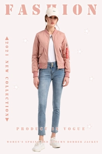 Pink bomber jacket detail showing classic ribbed collar and red utility sleeve tag