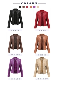 Veste de moto courte en simili cuir en six couleurs avec col montant et fermetures éclair