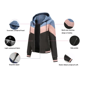 Detail view of women's hooded jacket showing waterproof fabric and ribbed windproof cuffs