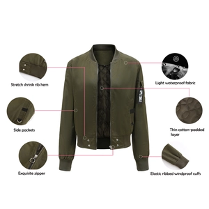 Détails de la veste bomber vert militaire montrant le tissu imperméable et les poignets