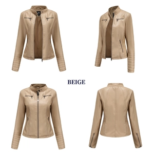 Vues détaillées de la veste en similicuir beige avec épaules matelassées et zips argentés