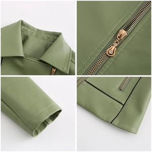 Detailed views of light green leather jacket featuring lapel collar and golden zippers