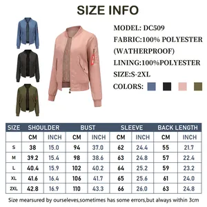 Size chart for women's bomber jacket showing dimensions in centimeters and inches