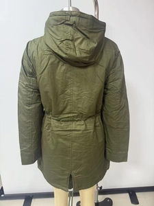 Rear view of army green hooded parka jacket featuring waist drawstring and fishtail hem