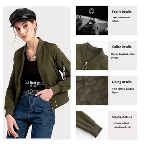 Détails de la veste d'aviateur olive avec poignets côtelés et doublure matelassée en losange