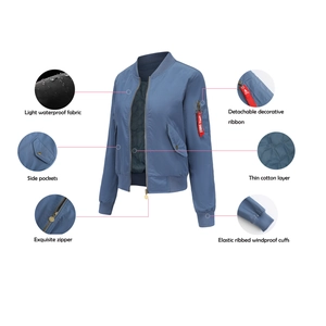 Detail view of blue bomber jacket with waterproof fabric and quilted lining features