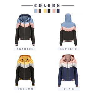 Detail view of water-resistant hooded jackets in skyblue, yellow and pink patchwork styles