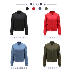Détails des vestes bomber disponibles en noir, rouge, bleu royal et vert olive