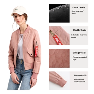 Detail of pink bomber jacket showing sleeve pocket with red tag and quilted lining