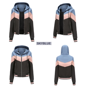 Detail view of sky blue colorblock hooded jacket with ribbed cuffs and side zipper pockets
