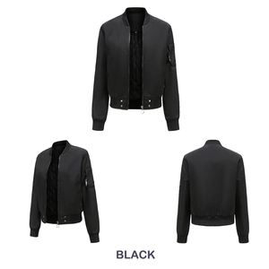 Vue en trois angles d'un blouson aviateur noir avec doublure matelassée et poche de manche
