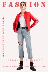 Detail of red women's bomber jacket with white stripes and casual street style outfit