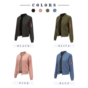 Detailed view of women's bomber jackets in four colors with sleeve utility pockets