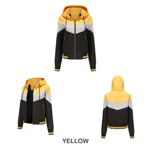 Detail view of hooded windbreaker featuring yellow and grey V-shaped color blocks