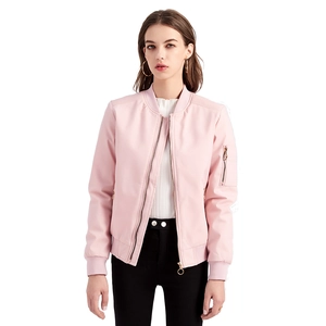 Women's light pink bomber jacket with zip-up front and sleeve pocket in a casual style