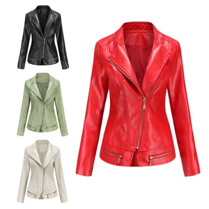Women's slim fit PU leather motorcycle jacket featuring asymmetric zip in four colors