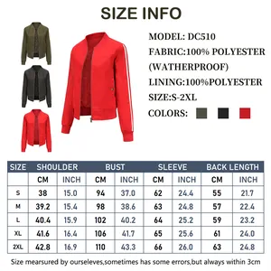 Detailed size chart for women's bomber jacket with measurements in centimeters and inches