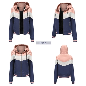 Four views showing the patchwork design of a hooded windbreaker with ribbed cuffs