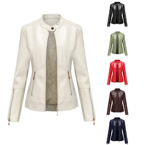 Women Slim Fit PU Leather Jacket Stand Collar Biker Moto Short Coat Solid Color Long Sleeve Zip Up Casual Outerwear