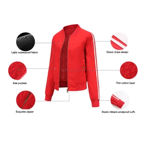 Detail view of red bomber jacket showing waterproof fabric and ribbed windproof cuffs