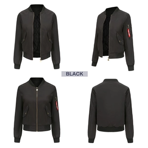 Detail view of black bomber jacket featuring quilted lining and sleeve zip pocket