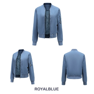 Vues détaillées du blouson aviateur bleu roi montrant le col côtelé et la doublure