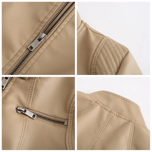 Détails de la veste en cuir PU kaki montrant les fermetures éclair et les coutures matelassées