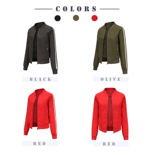 Detail showing color variants black, olive, and red bomber jackets with ribbed cuffs