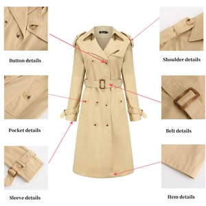 Trench-coat long kaki pour femme avec double boutonnage, ceinture et détails chics