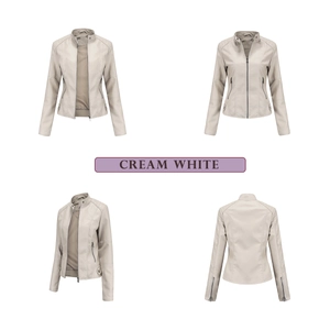 Vues détaillées sous plusieurs angles du blouson cintré en similicuir blanc crème avec col