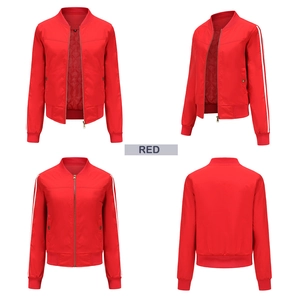Detailed four-way view of red bomber jacket featuring white sleeve stripes and ribbed trim
