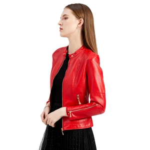 Chic red faux leather biker jacket with stand collar and gold metal zippers for women