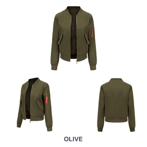 Three views of olive green bomber jacket with utility sleeve pocket and red flight tag