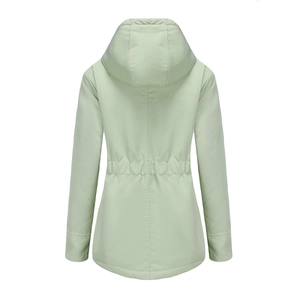 Vue arrière de la parka à capuche vert menthe pour femmes avec cordon de serrage à la taille