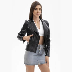 Women's black slim-fit motorcycle leather jacket with silver rivets and metal zippers