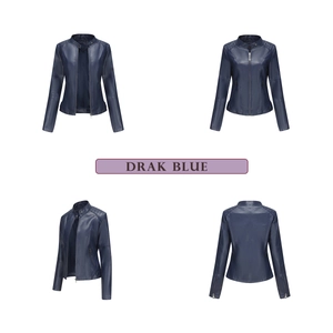 Vues détaillées d'une veste slim en similicuir bleu foncé pour femme avec col montant et zip