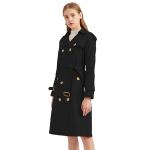 Trench-coat classique noir en coton à double boutonnage avec boutons dorés et ceinture