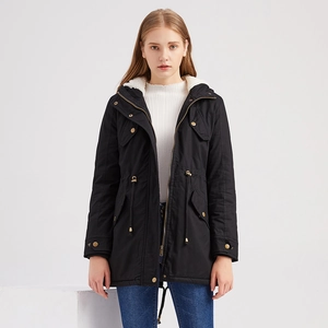 Women's black hooded parka jacket with warm fleece lining and waist drawstring feature