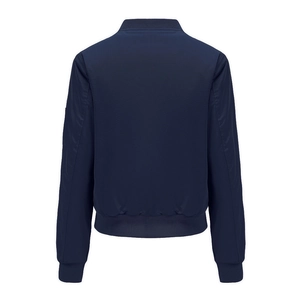 Back view of a navy blue bomber jacket with ribbed cuffs and a sleeve zipper pocket