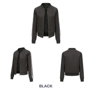Detail of black bomber jacket featuring white sleeve stripes and quilted inner lining