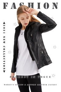 Detailed view of women's black faux leather jacket with metal zippers and biker texture